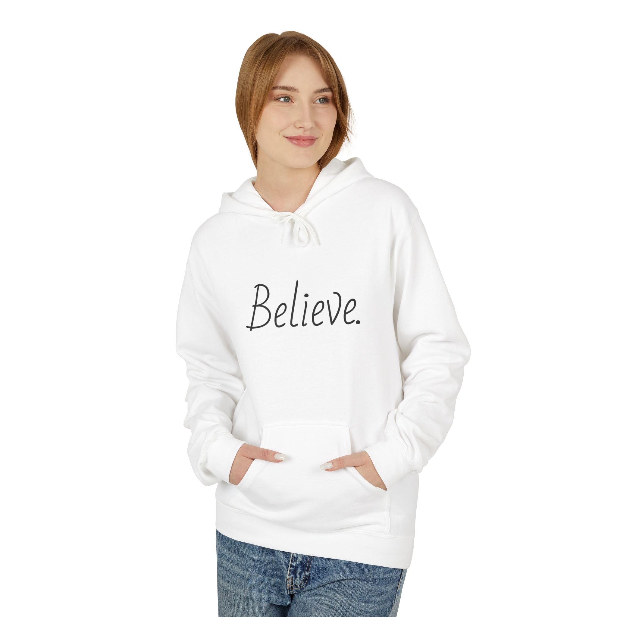 Believe Minimalist Hoodie-Inspirational Script Pullover This hoodie whispers quiet confidence.