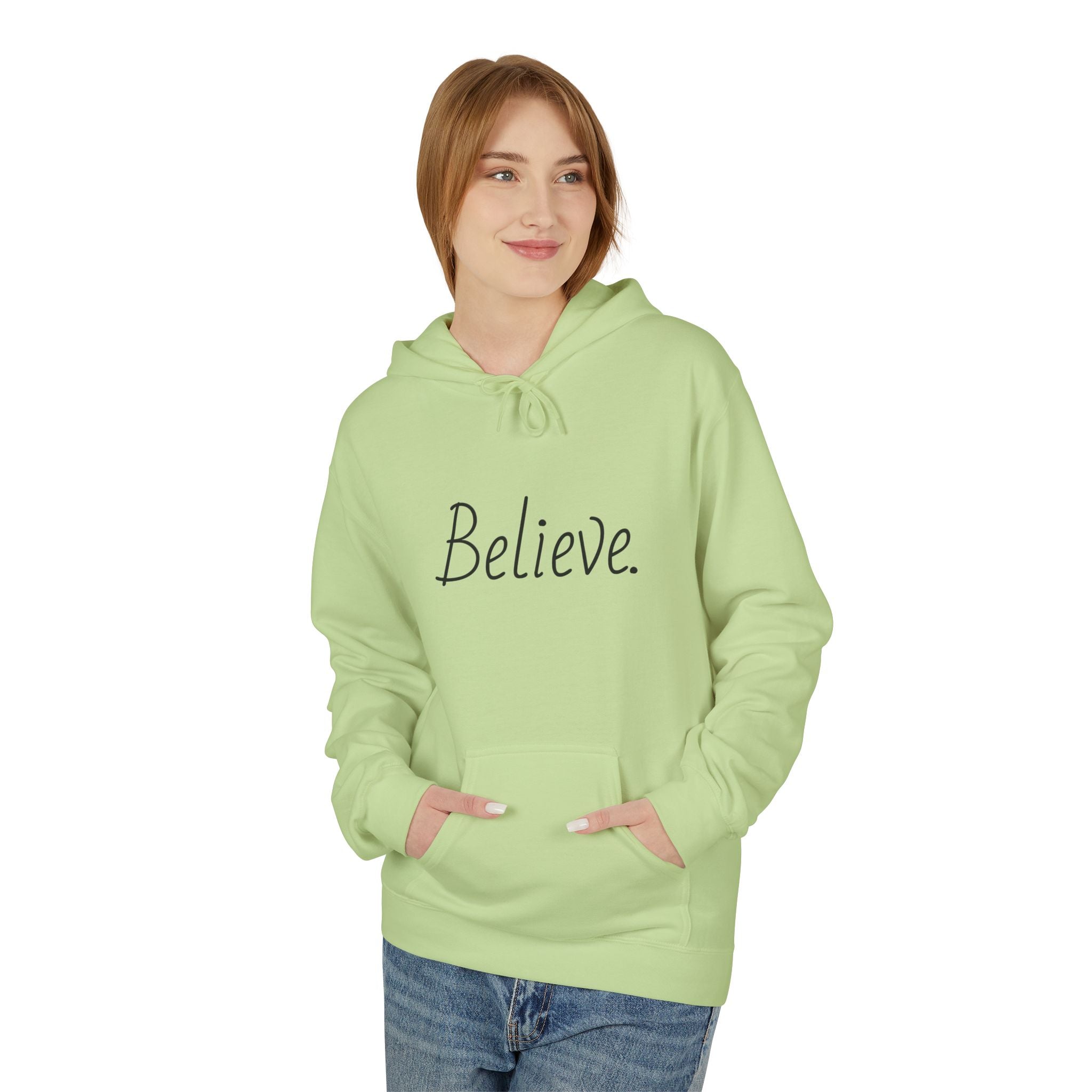 Believe Minimalist Hoodie-Inspirational Script Pullover This hoodie whispers quiet confidence.
